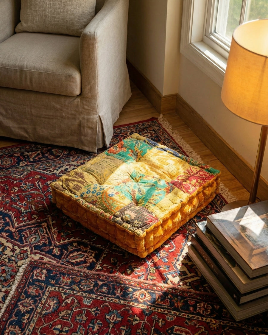 Gold Velvet Kantha Floor Cushion