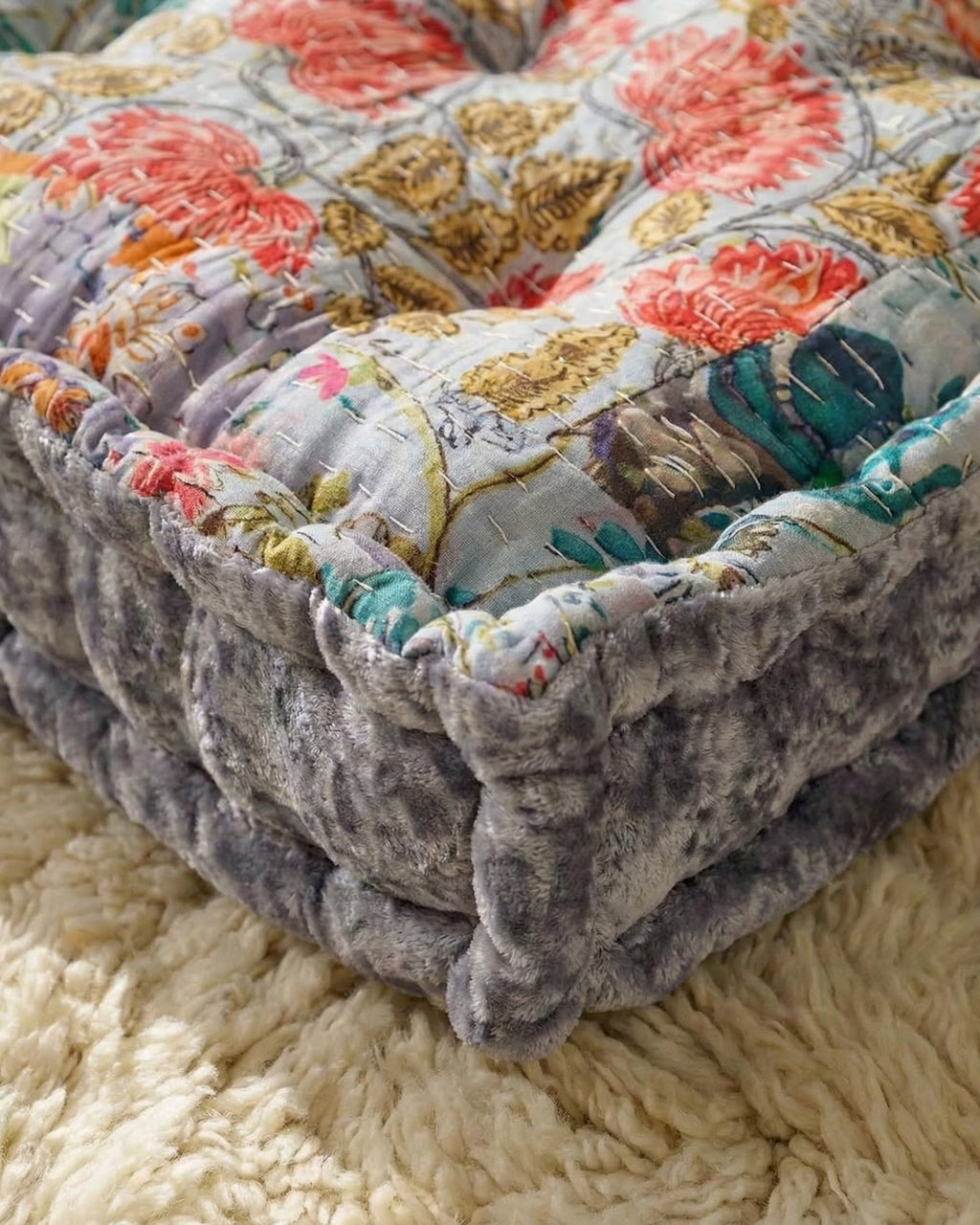 Grey Velvet Kantha Floor cushion