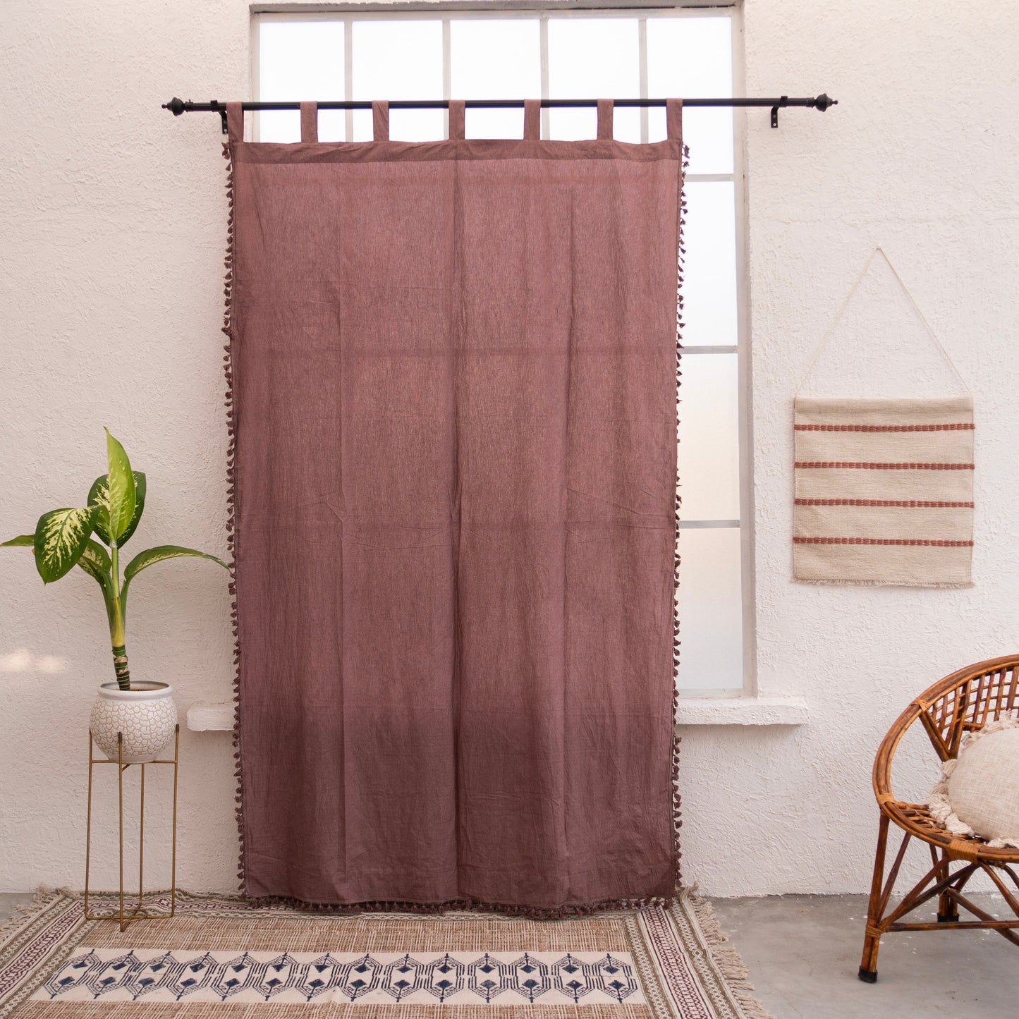 Brown Cotton Fringes Curtain - Set of 2 - I