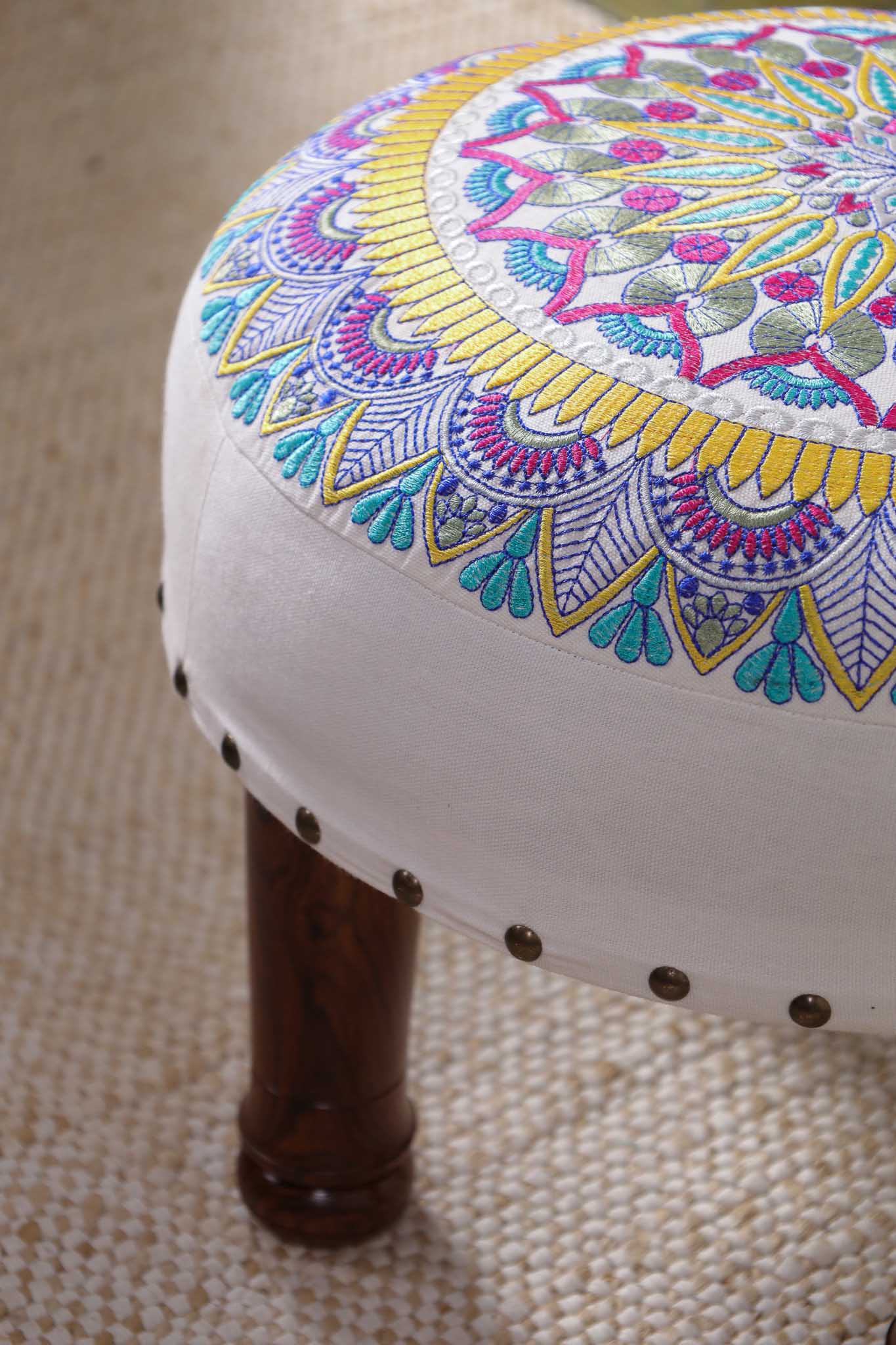 Yellow Embroidered Elegance Footstool