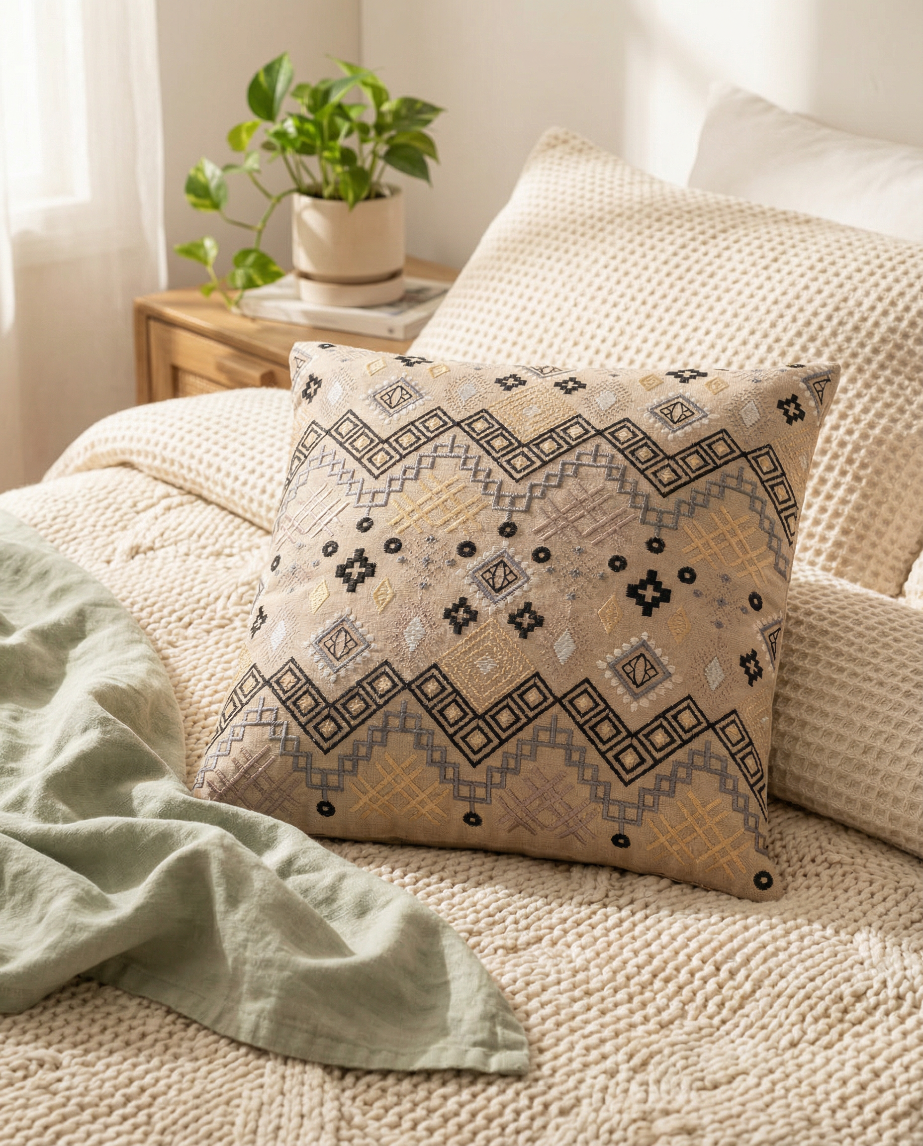 Gray Ethnicity Embroidered Throw Pillow Cover
