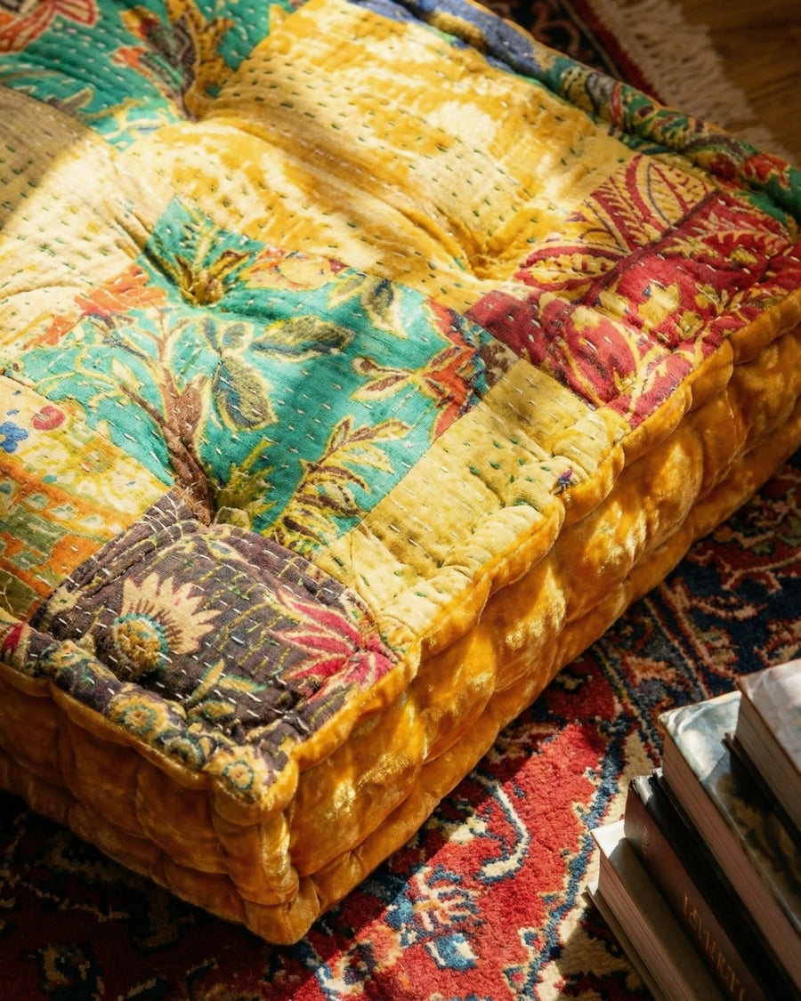 Gold Velvet Kantha Floor Cushion