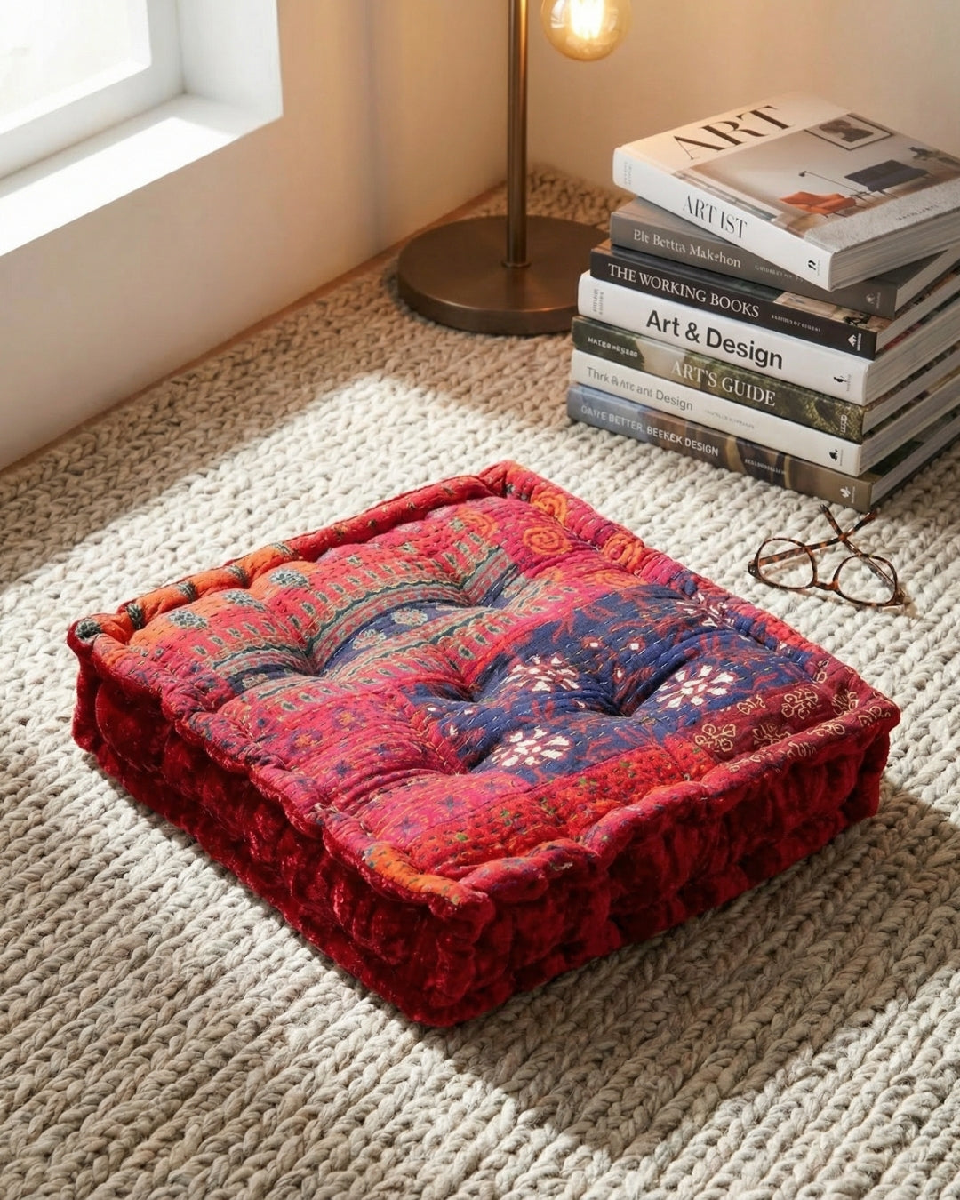 Red Velvet Kantha Floor cushion