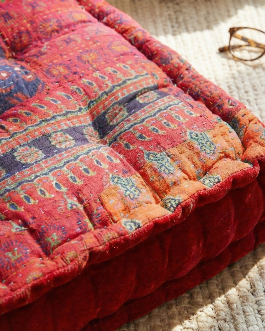 Red Velvet Kantha Floor Cushion