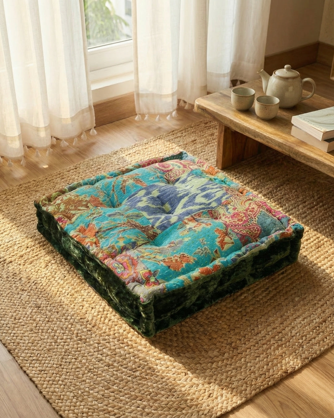 Green Velvet Kantha Floor cushion