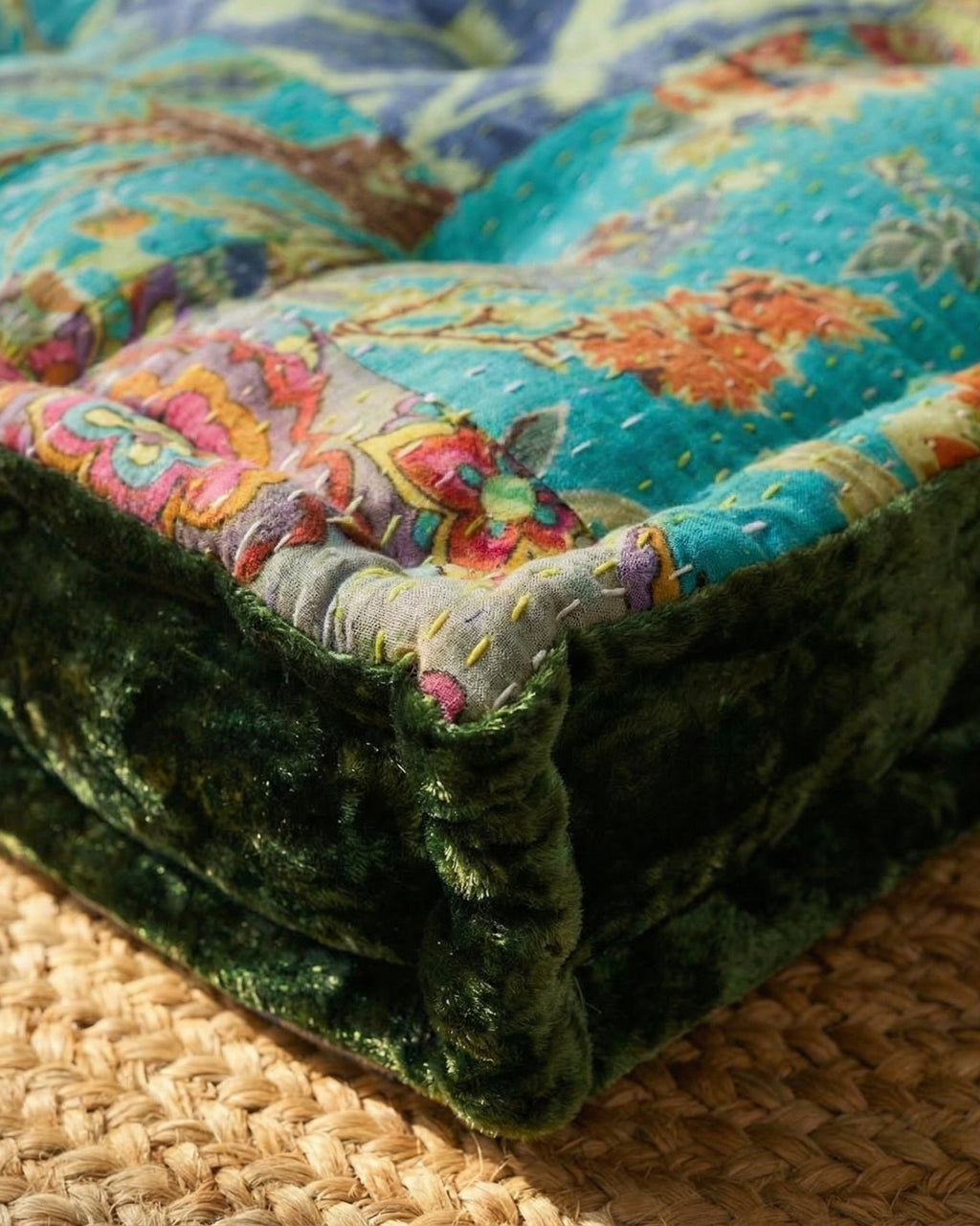 Green Velvet Kantha Floor cushion