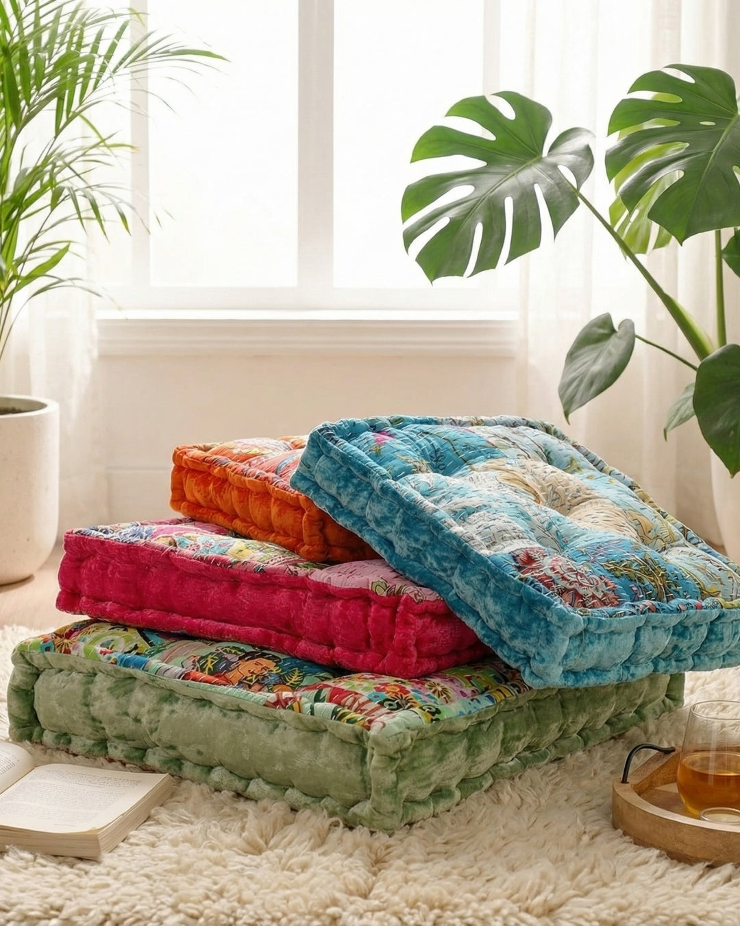 Turquoise Velvet Kantha Floor cushion