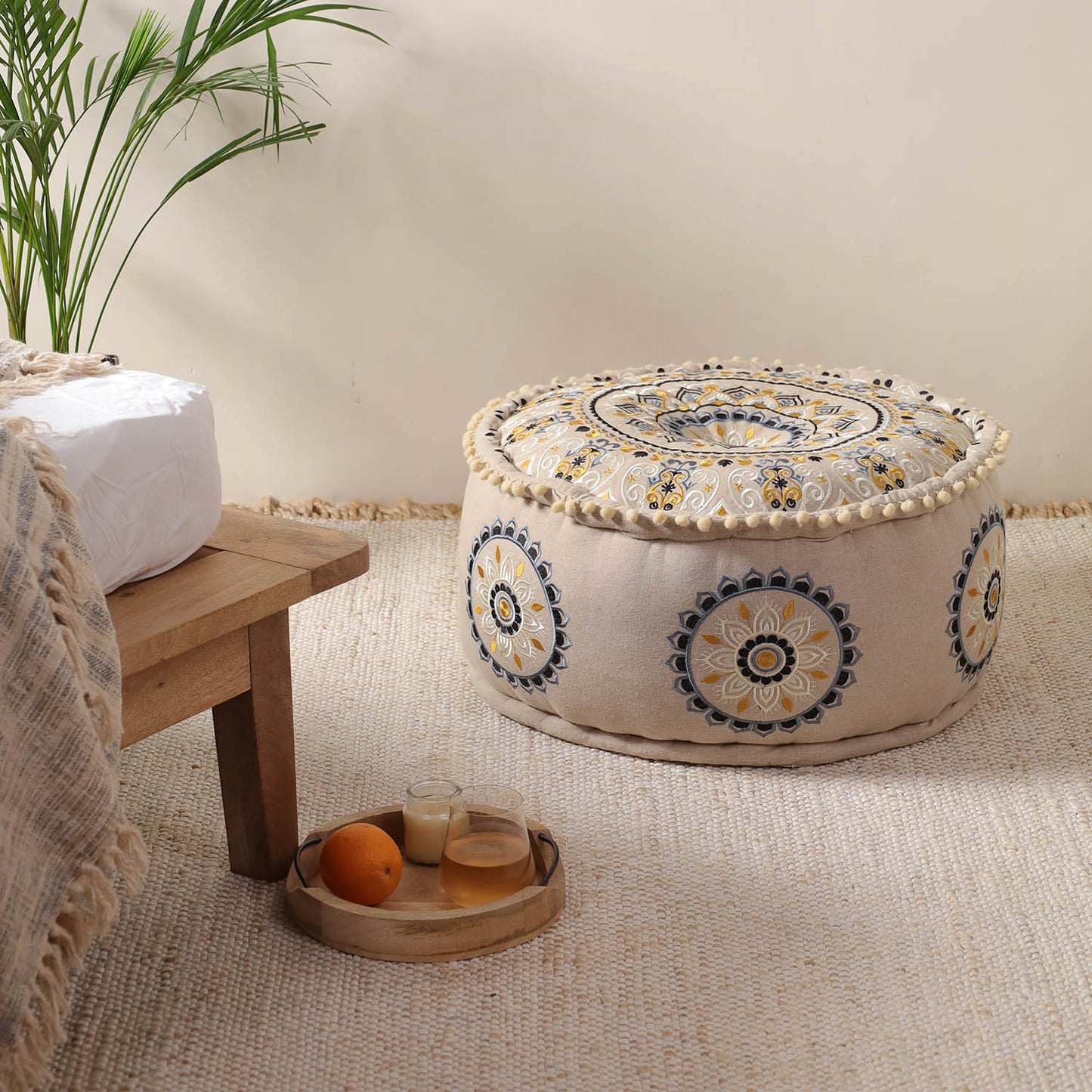 Beige Floral Haven Ottoman Pouf