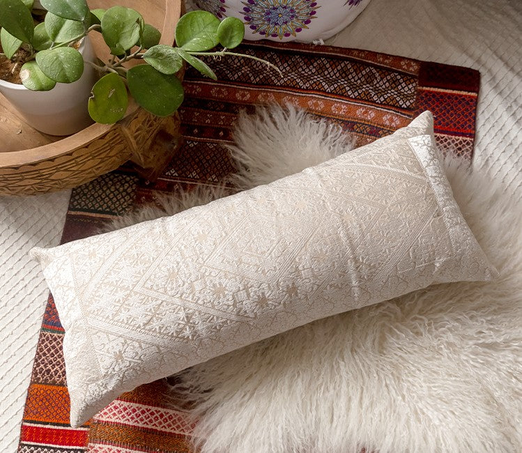 White Whimsical Woven Long Pillow Cover - I