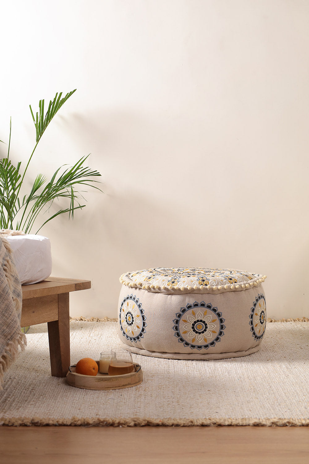 Beige Floral Haven Ottoman Pouf