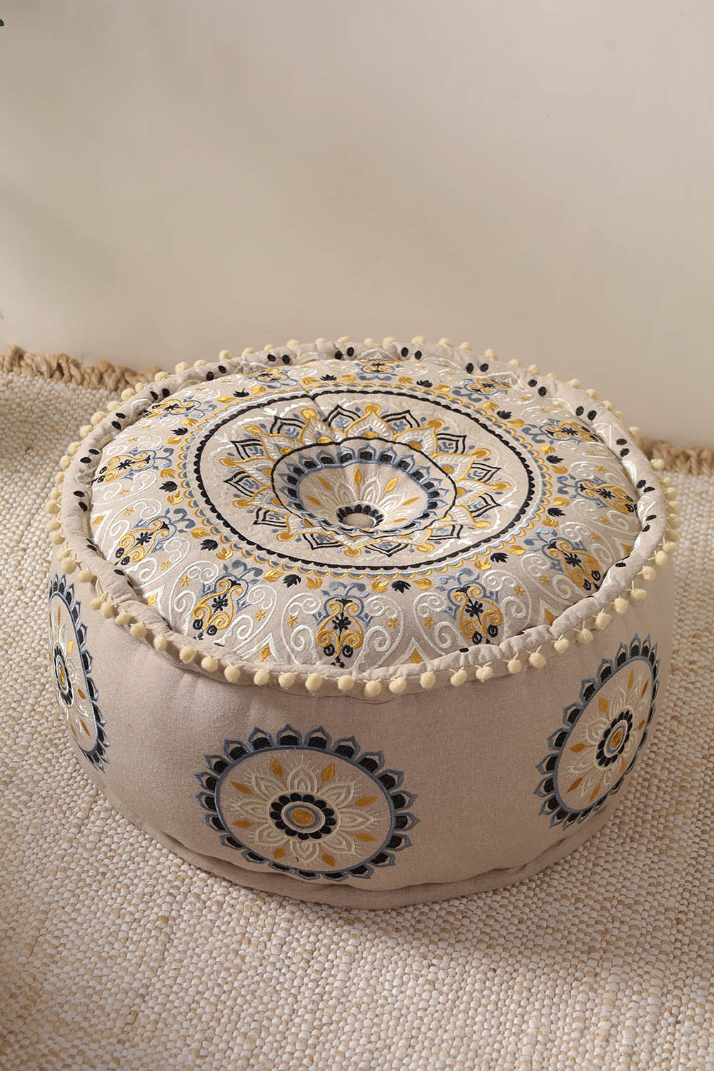 Beige Floral Haven Ottoman Pouf