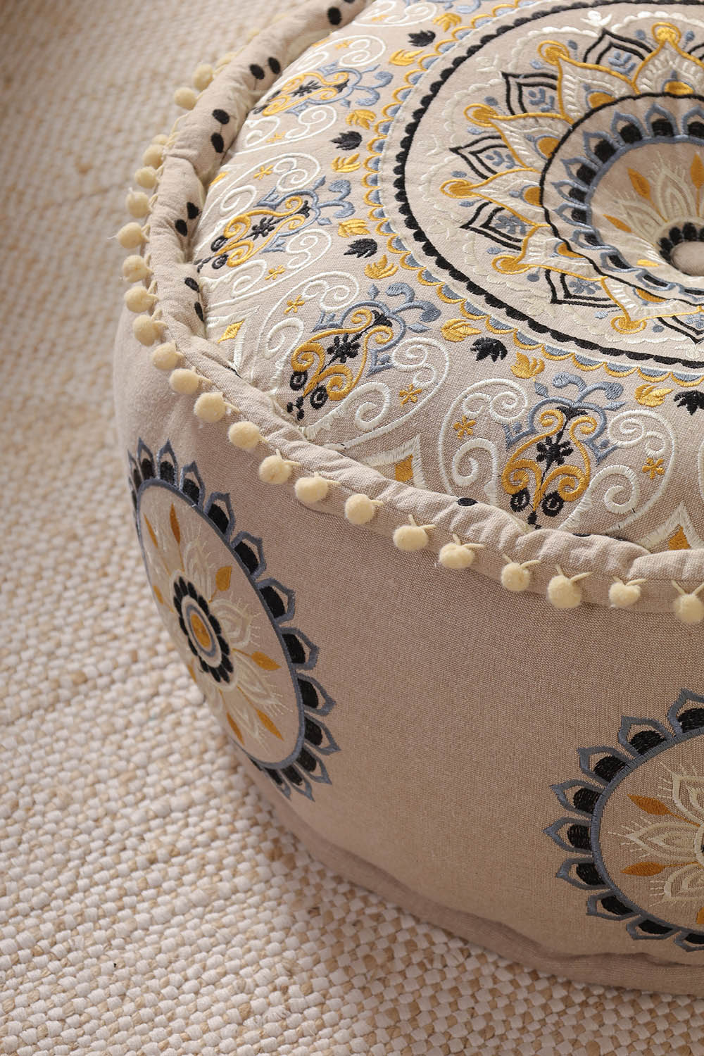 Beige Floral Haven Ottoman Pouf