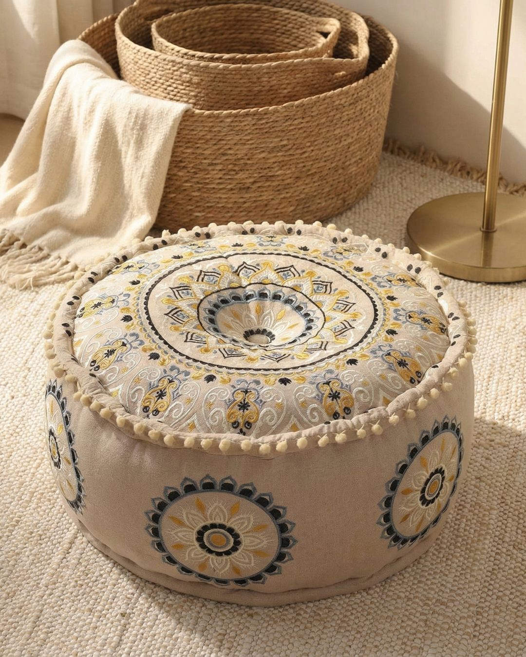 Beige Floral Haven Ottoman Pouf