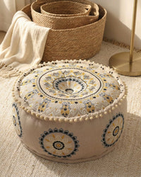 Beige Floral Haven Ottoman Pouf