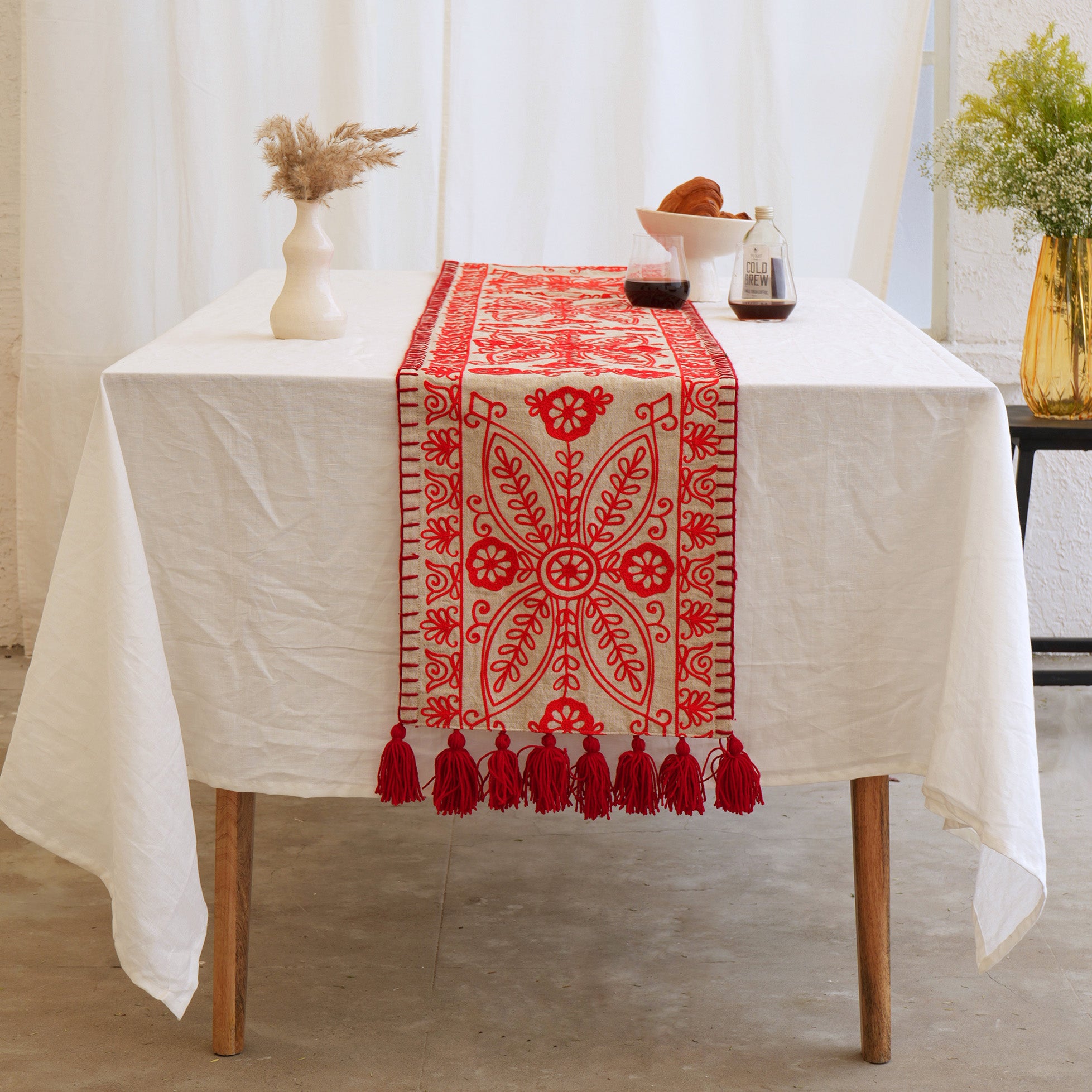 Red Embroidered Table Runner