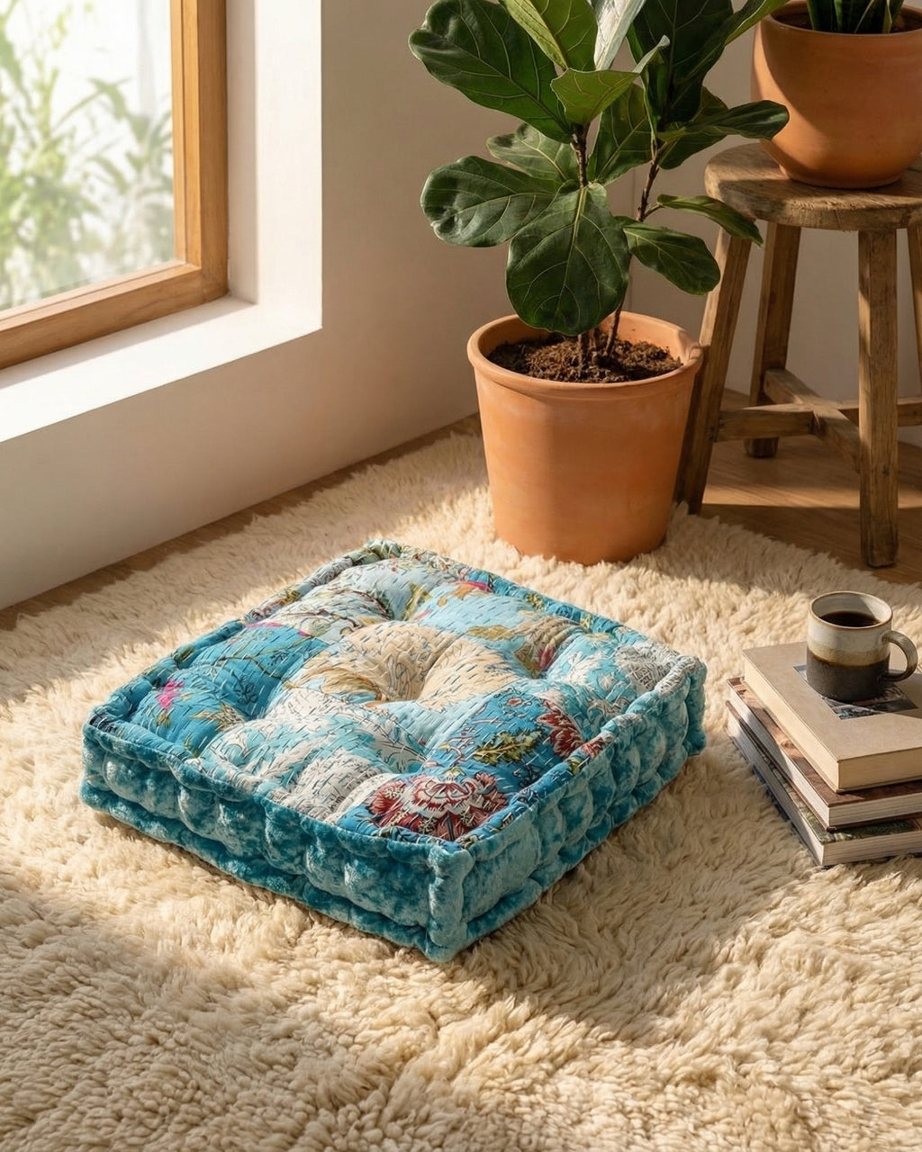 Turquoise Velvet Kantha Floor cushion