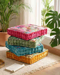 Sage Green Velvet Kantha Floor Cushion