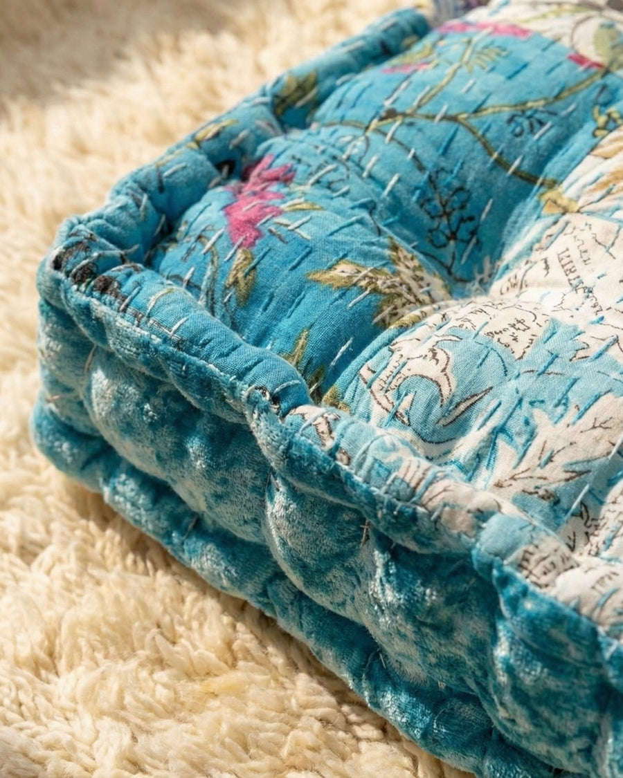Turquoise Velvet Kantha Floor Cushion
