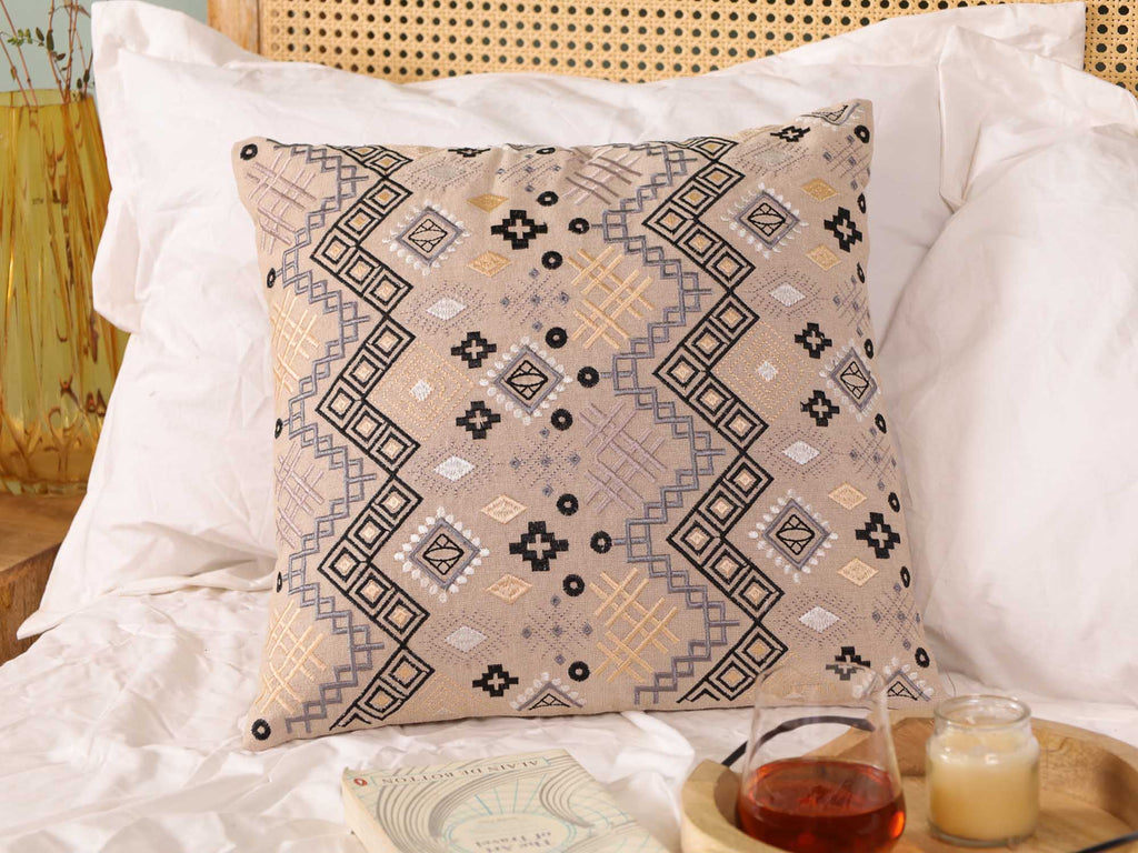 Gray Ethnicity Embroidered Throw Pillow Cover