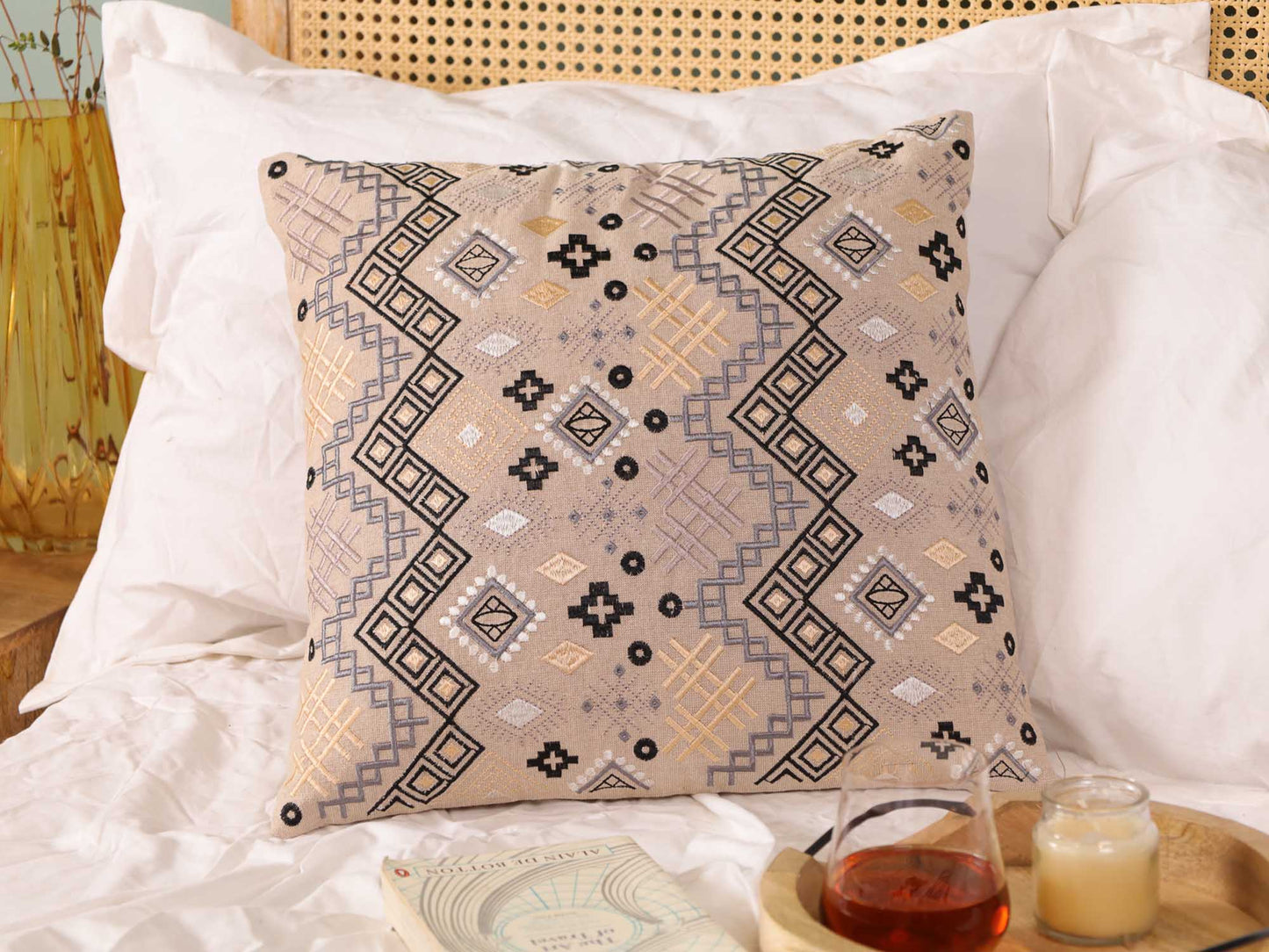 Gray Ethnicity Embroidered Throw Pillow Cover