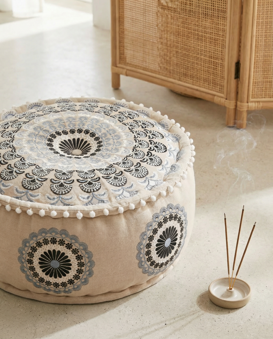 Gray Mandala Ottoman Pouf