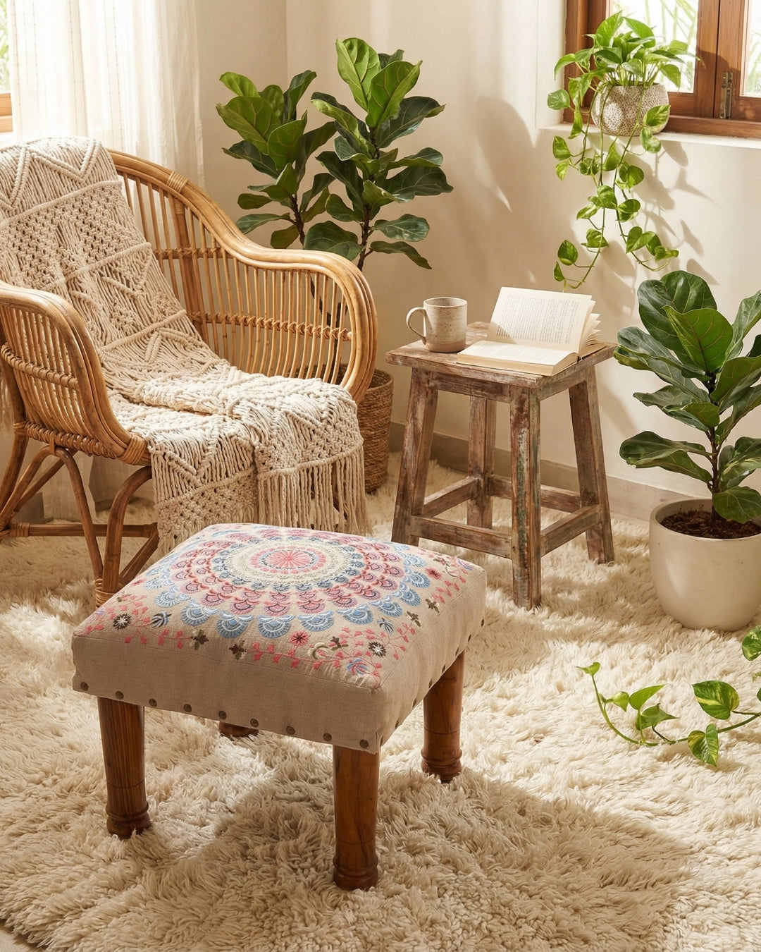 Cozy living room with wicker chairs, a patterned ottoman, and potted plants.