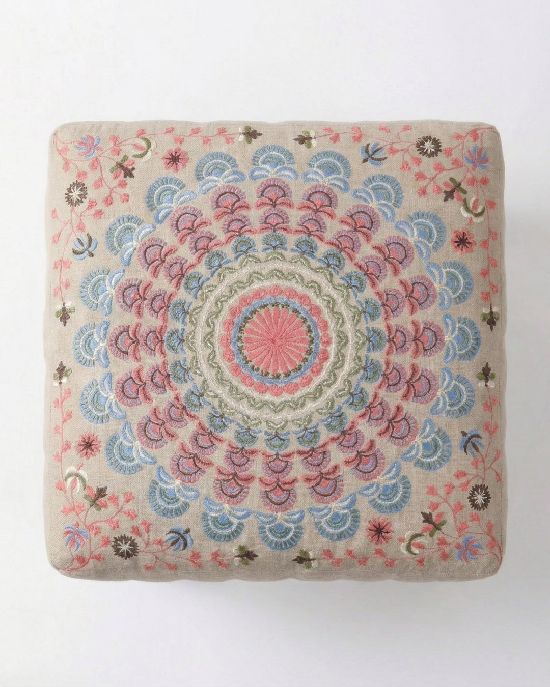 Pink Mandala Embroidered Footstool