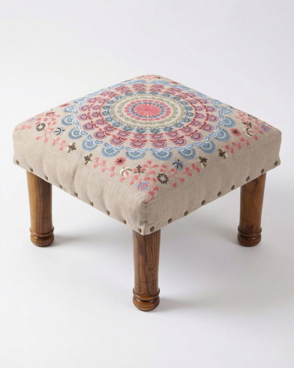 Pink Mandala Embroidered Footstool