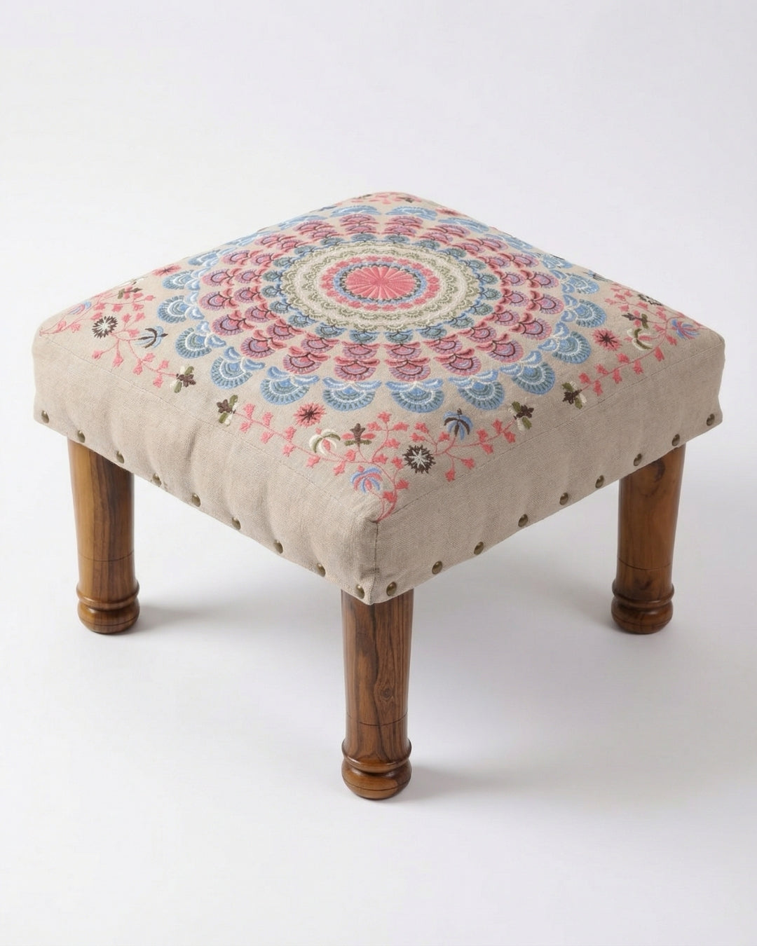 Pink Mandala Embroidered Footstool