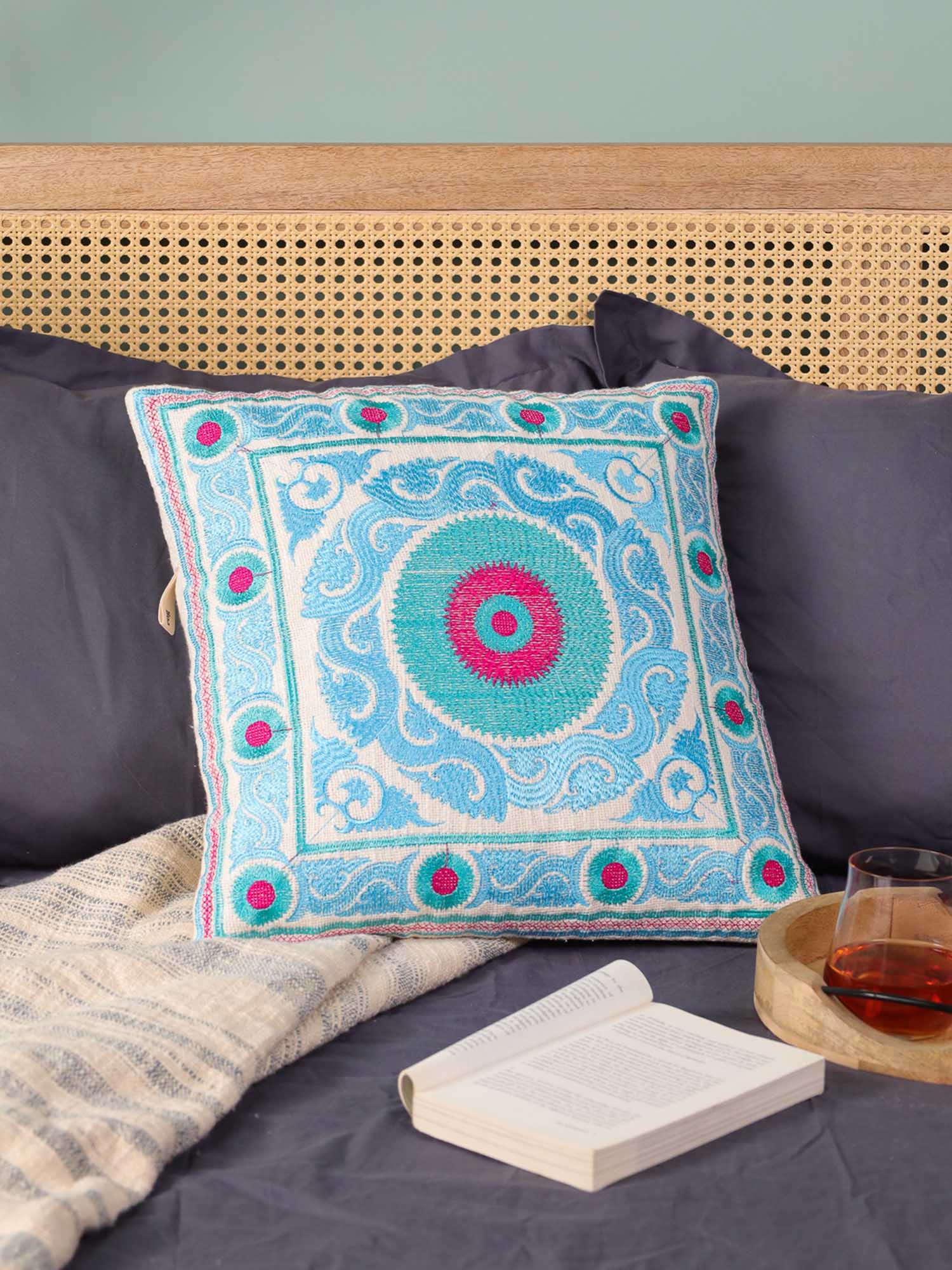 Blue Suzani Throw Pillow Cover