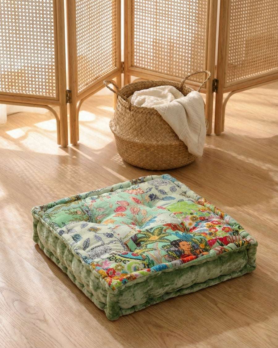 Sage Green Velvet Kantha Floor Cushion
