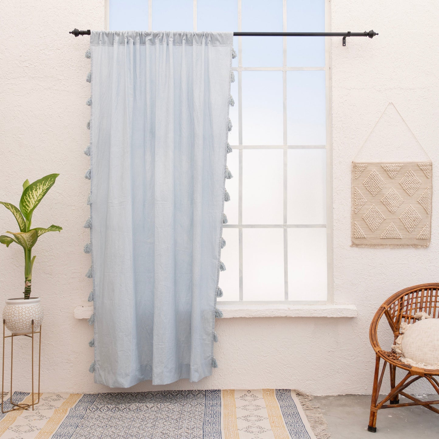 Ice Gray Cotton Tassels Curtain - Set of 2 - I