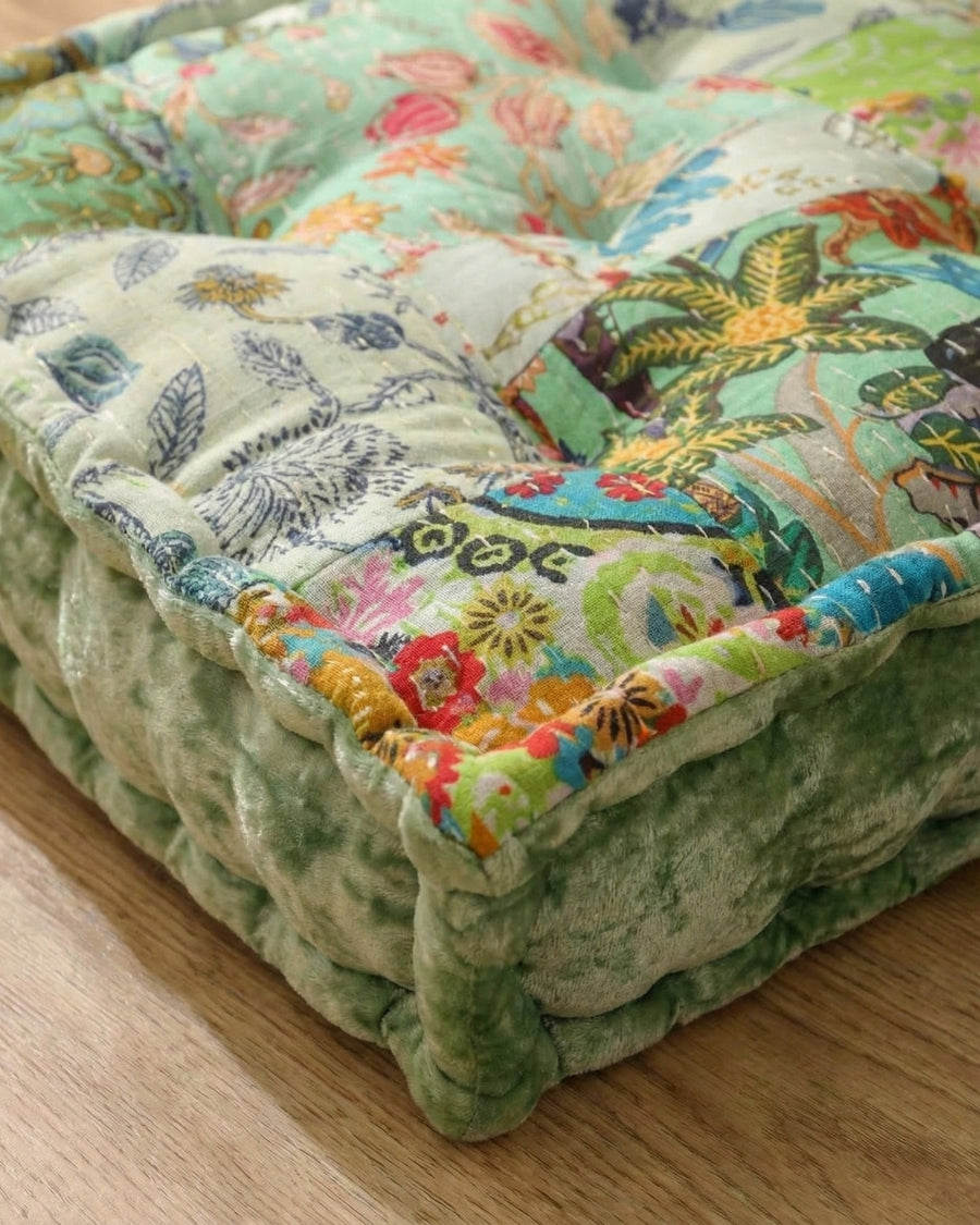 Sage Green Velvet Kantha Floor Cushion