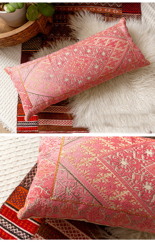 Pink Whimsical Woven Long Pillow Cover - I