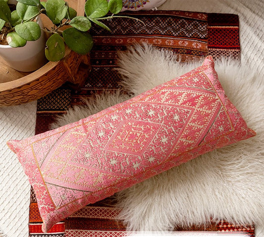 Pink Whimsical Woven Long Pillow Cover - I