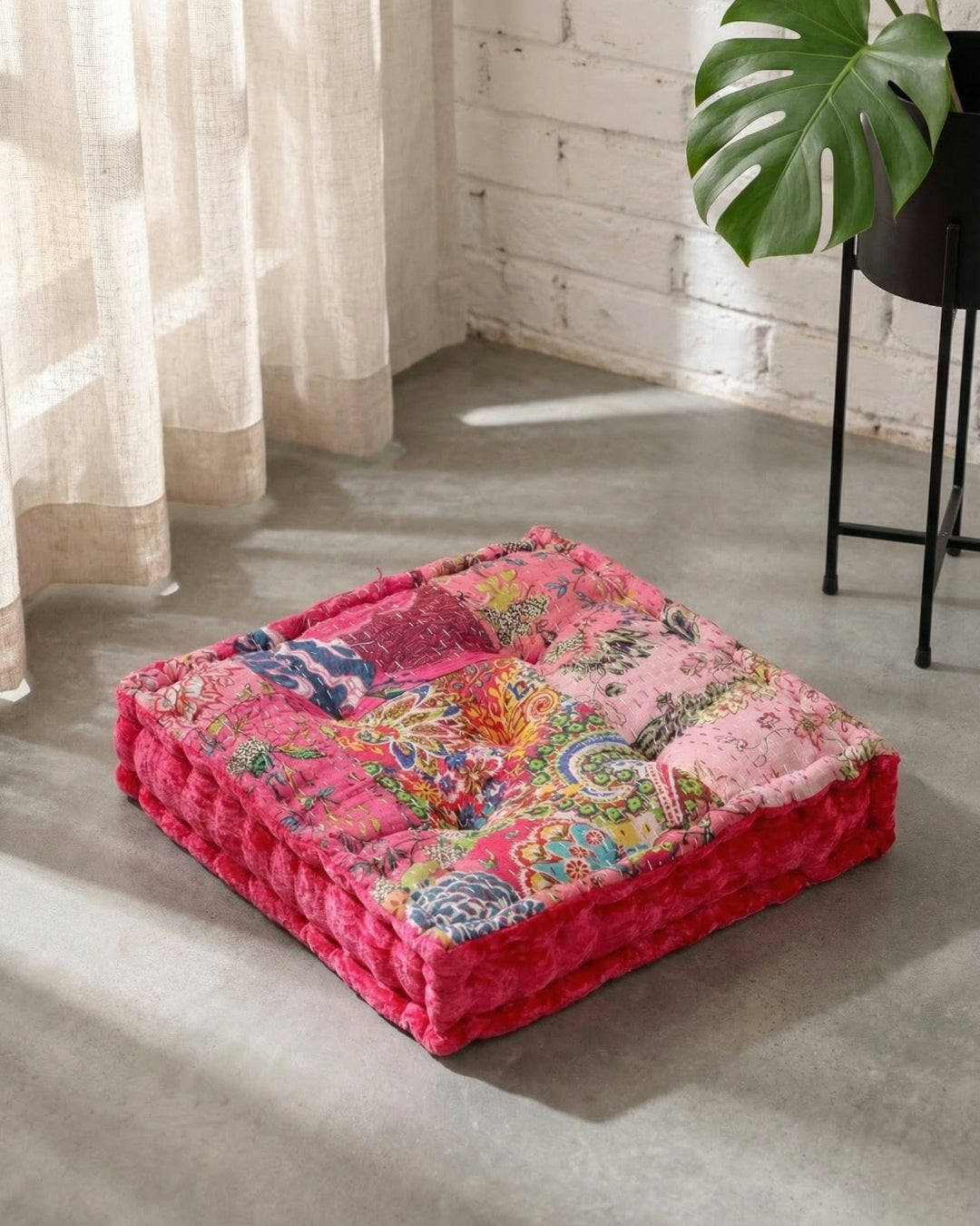 Pink Velvet Kantha Floor cushion
