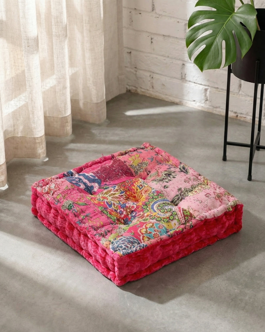 Pink Velvet Kantha Floor cushion