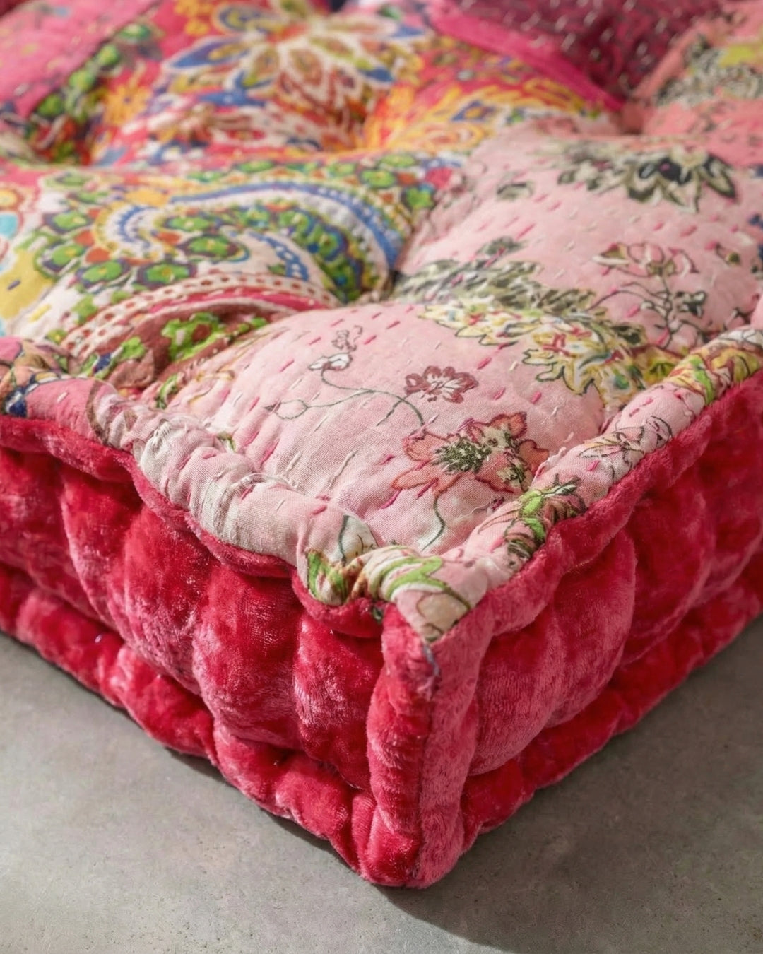 Pink Velvet Kantha Floor cushion
