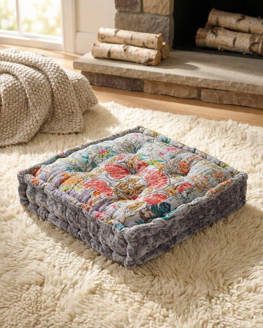 Grey Velvet Kantha Floor Cushion