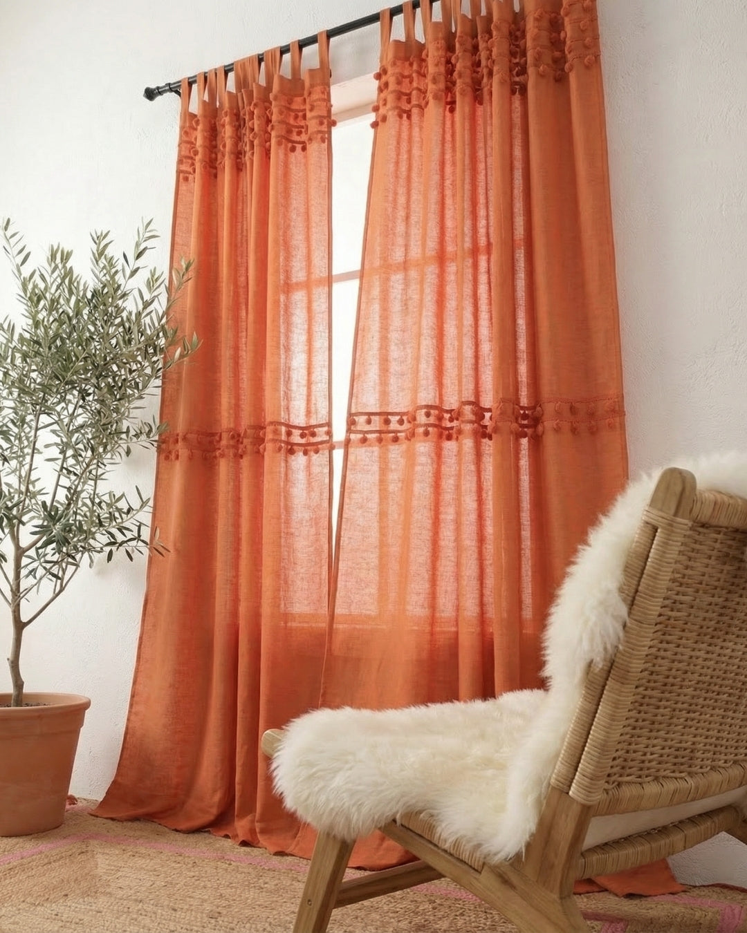 Burnt Orange Fiesta Pom Poms Curtain - Set of 2