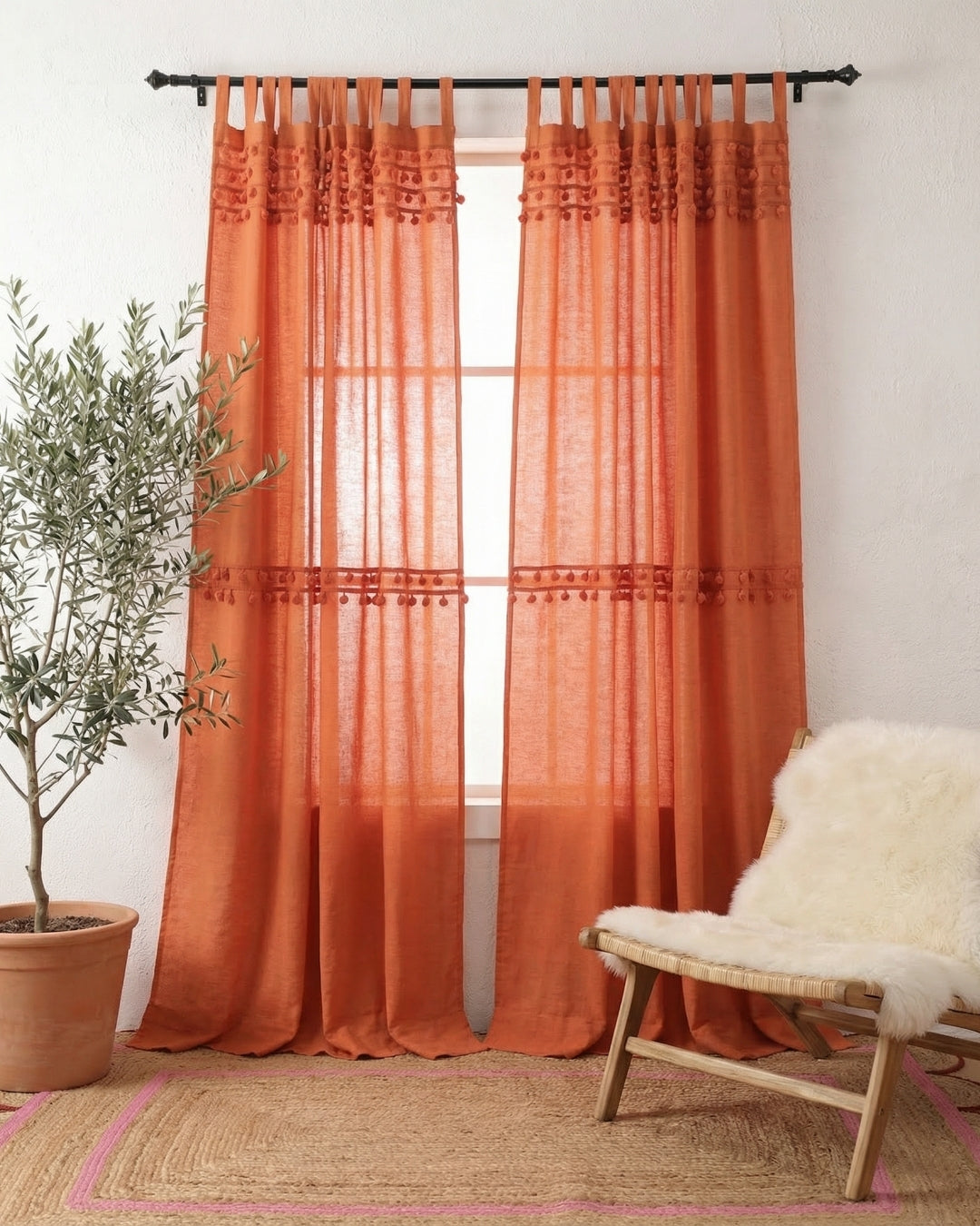 Burnt Orange Fiesta Pom Poms Curtain - Set of 2