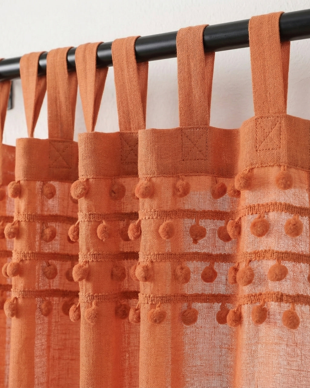 Burnt Orange Fiesta Pom Poms Curtain - Set of 2