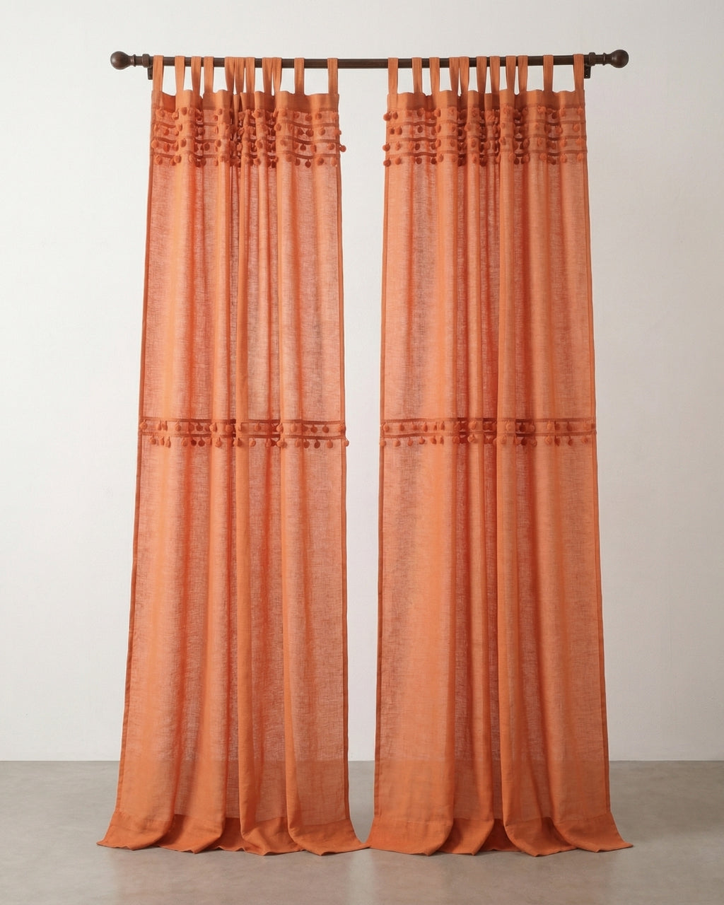 Burnt Orange Fiesta Pom Poms Curtain - Set of 2
