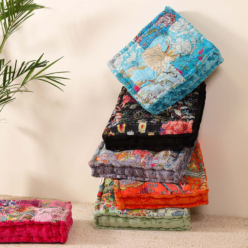 Sage Green Velvet Kantha Floor cushion