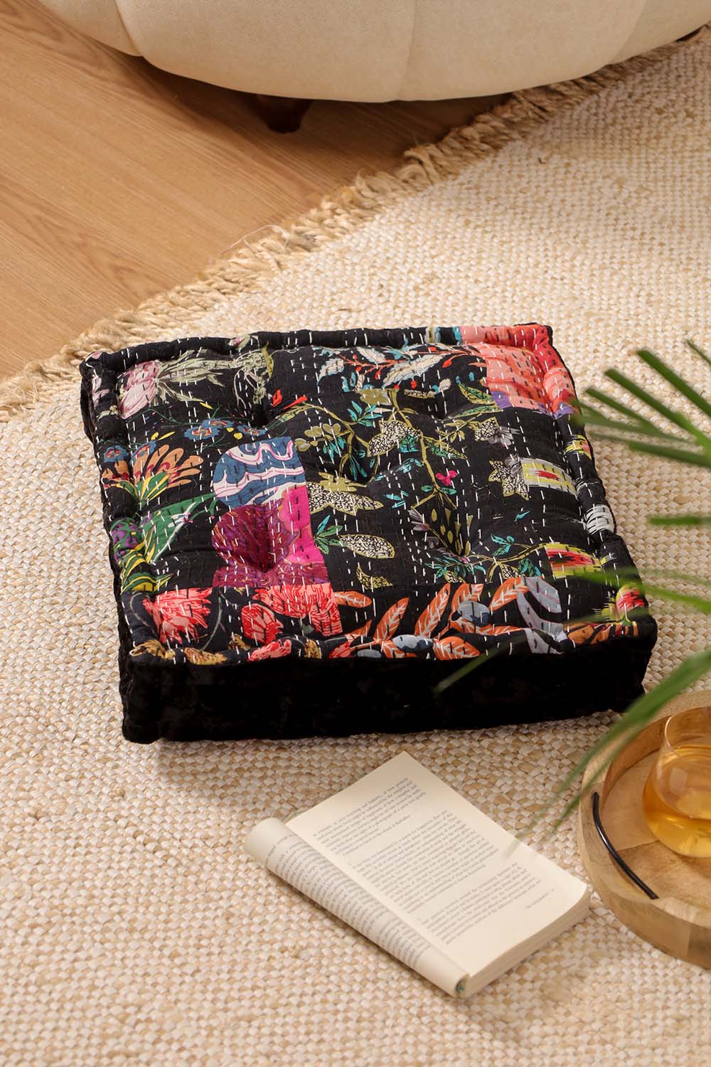 Black Velvet Kantha Floor cushion