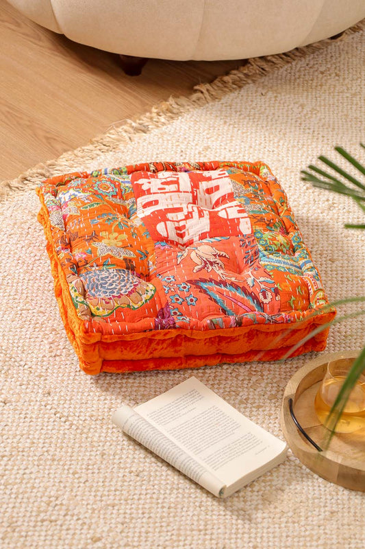 Orange Velvet Kantha Floor cushion