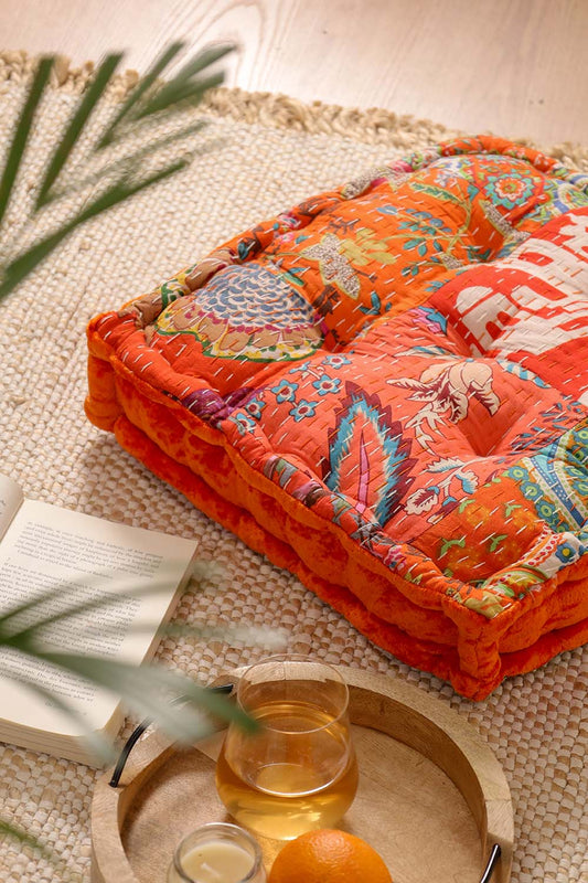 Orange Velvet Kantha Floor cushion