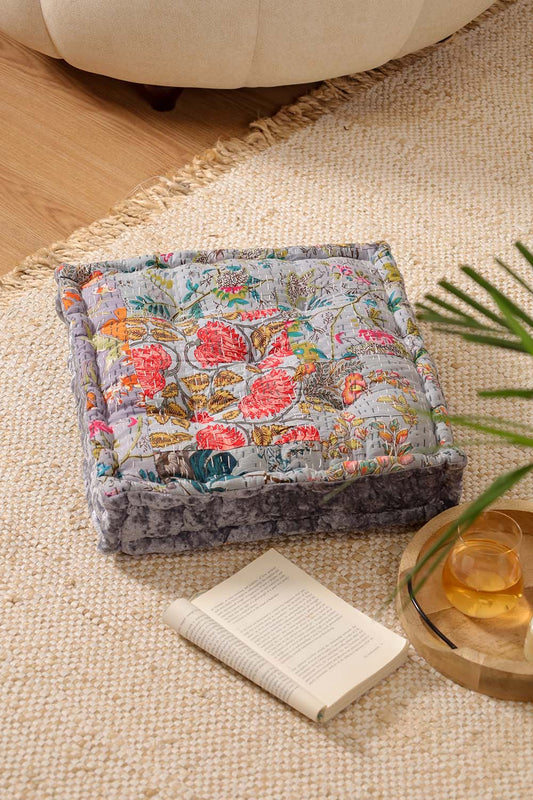 Grey Velvet Kantha Floor cushion