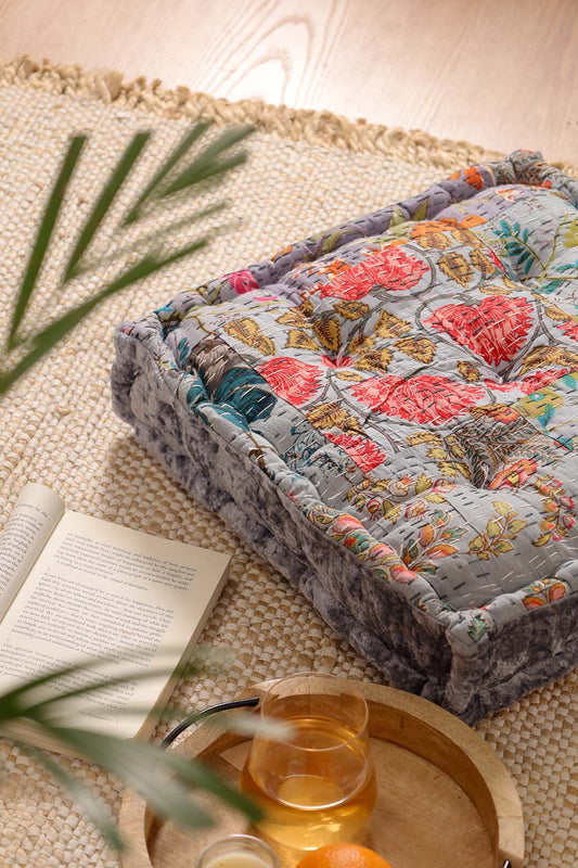 Grey Velvet Kantha Floor cushion