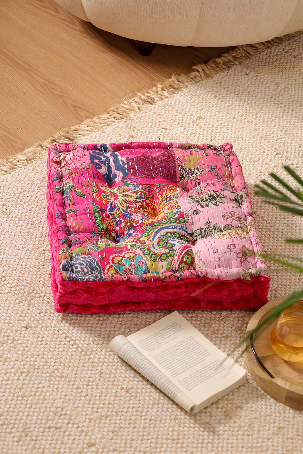 Pink Velvet Kantha Floor cushion